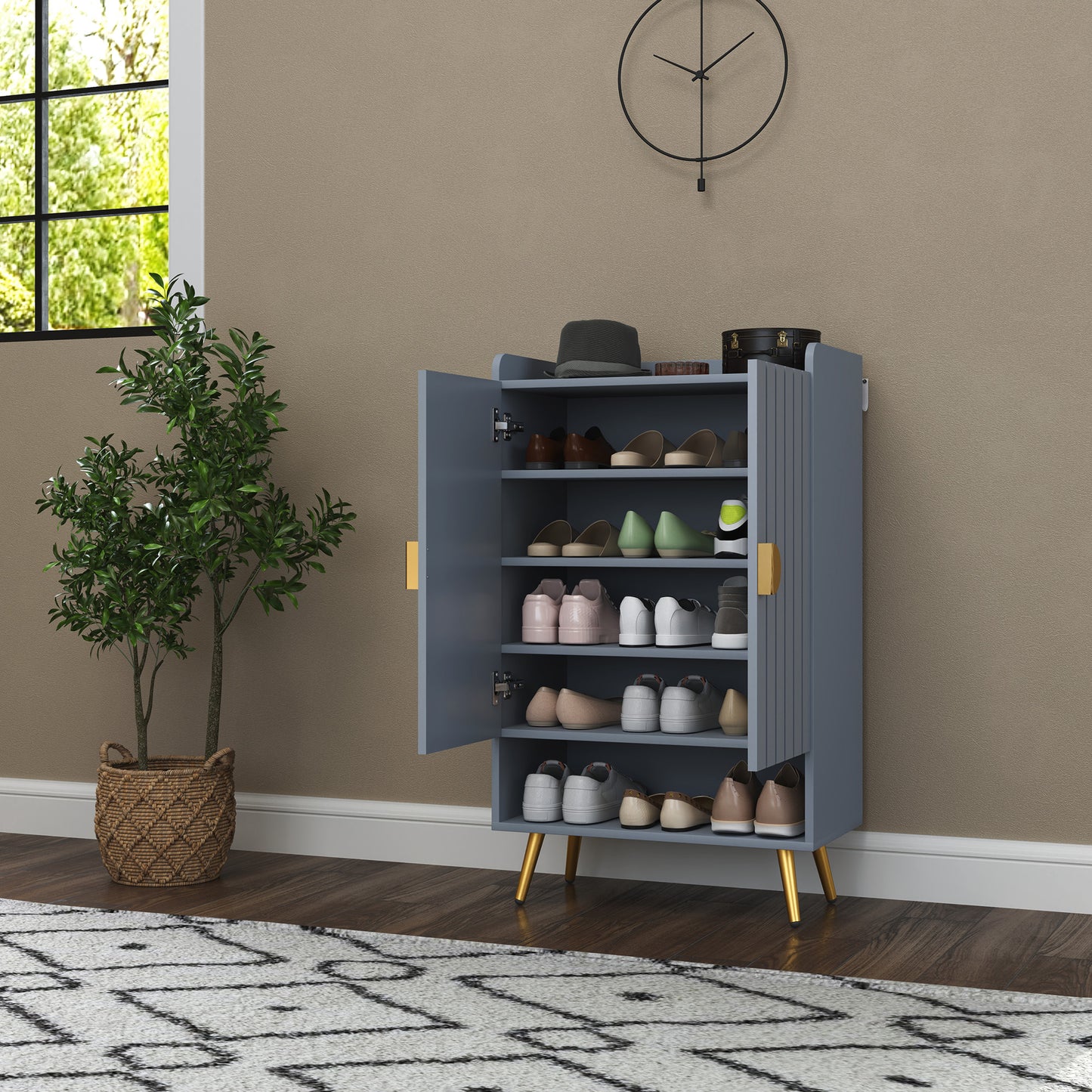 HOMCOM Modern Shoe Cabinet with 2 Doors, Open Shelf and Adjustable Shelves, 15 Pair Hallway Shoe Cupboard, Entryway Storage Unit, Light Grey