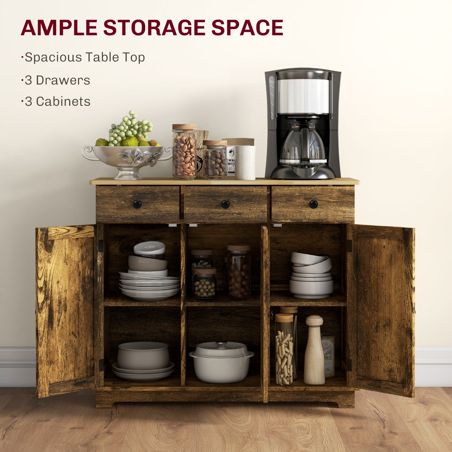 HOMCOM Sideboard with Rubberwood Top and Adjustable Shelves for Dining Room, Kitchen - Rustic Brown