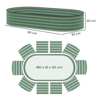 Green oval steel planter with dimensions of 181 by 93 by 30 cm