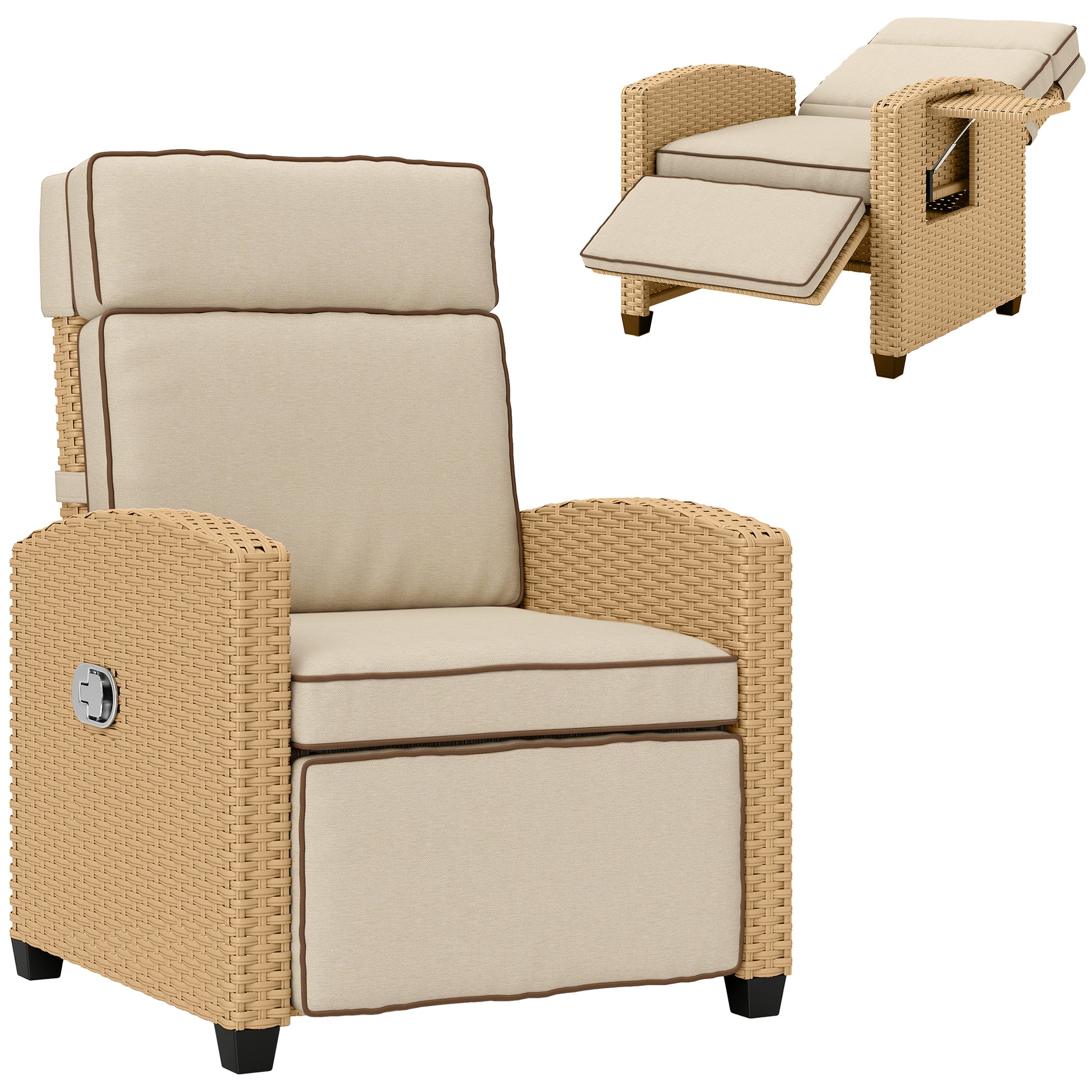 Photo of Outsunny 145° Reclining Rattan Armchair, with Footrest - Khaki/Beige in Khaki/Beige colour on a white background