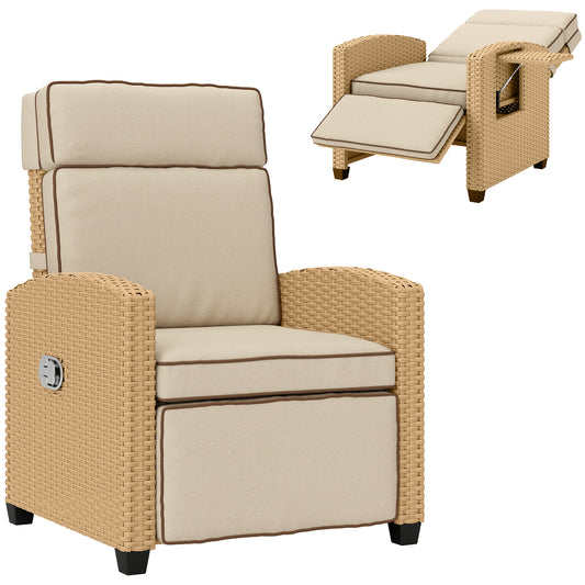 Photo of Outsunny 145° Reclining Rattan Armchair, with Footrest - Khaki/Beige in Khaki/Beige colour on a white background