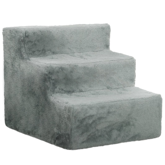 Photo of PawHut Three-Step Dog Stairs, with Washable Plush Cover, for High Bed Sofa, Dog Stairs for Small Dog and Cat - Light Grey in Grey colour on a white background