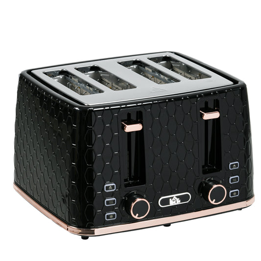 Photo of HOMCOM 4 Slice Toaster with 7 Browning Levels, High Lift, Reheat/Defrost/Cancel, Self-centring Function, Removable Crumb Tray, Auto Off, 1600W, Black Honeycomb Texture in Texture colour on a white background