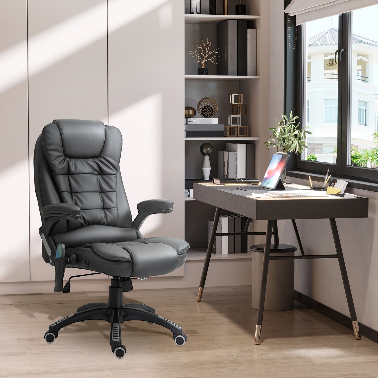 HOMCOM 6-Point Massage Office Chair with Seat Heated for Home Office, PU Leather High Back Executive Desk Chair with Adjustable Height and 360° Swivel for Work Study, Black