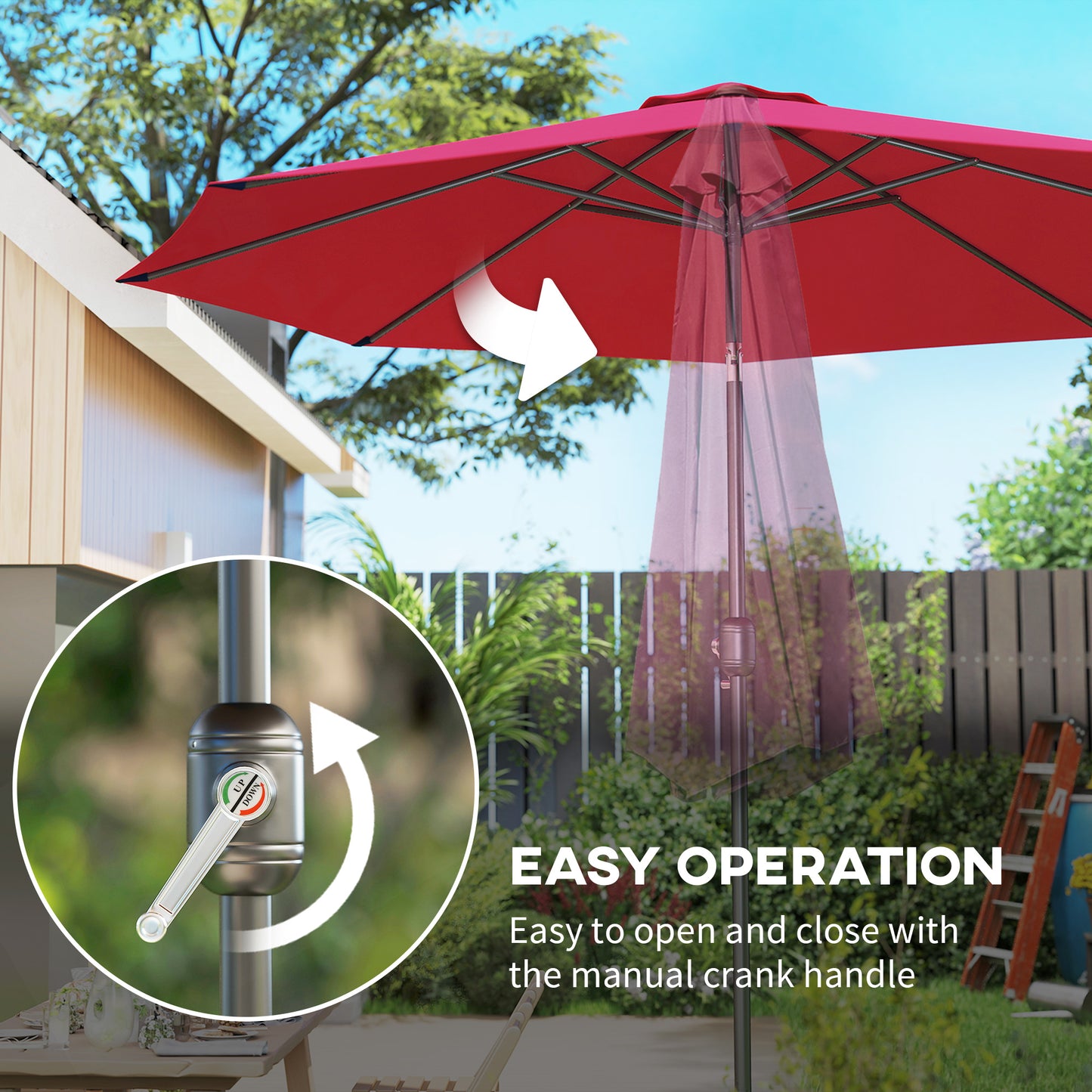 Outsunny 3(m) Tilting Parasol Garden Umbrellas, Outdoor Sun Shade with 8 Ribs, Tilt and Crank Handle for Balcony, Bench, Garden, Wine Red