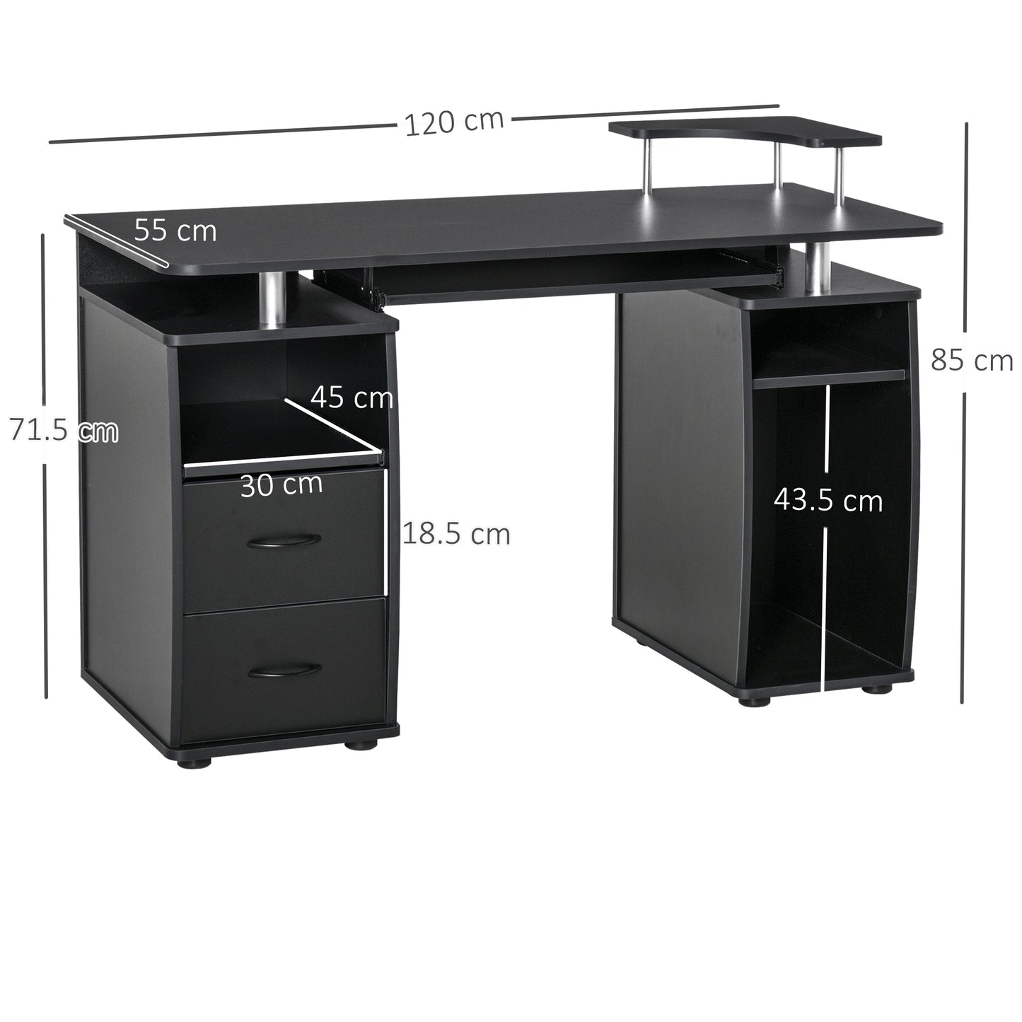 HOMCOM Study Desk Writing Table for Home Office, Student Workstation with Drawers, Sliding Shelf and Storage, Black