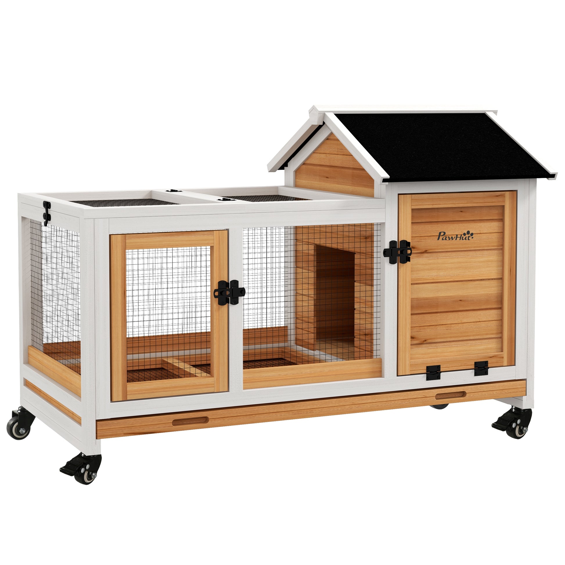 Photo of PawHut Wooden Rabbit Hutch, Guinea Pig Cage, with Removable Tray, Wheels - Yellow in Yellow colour on a white background