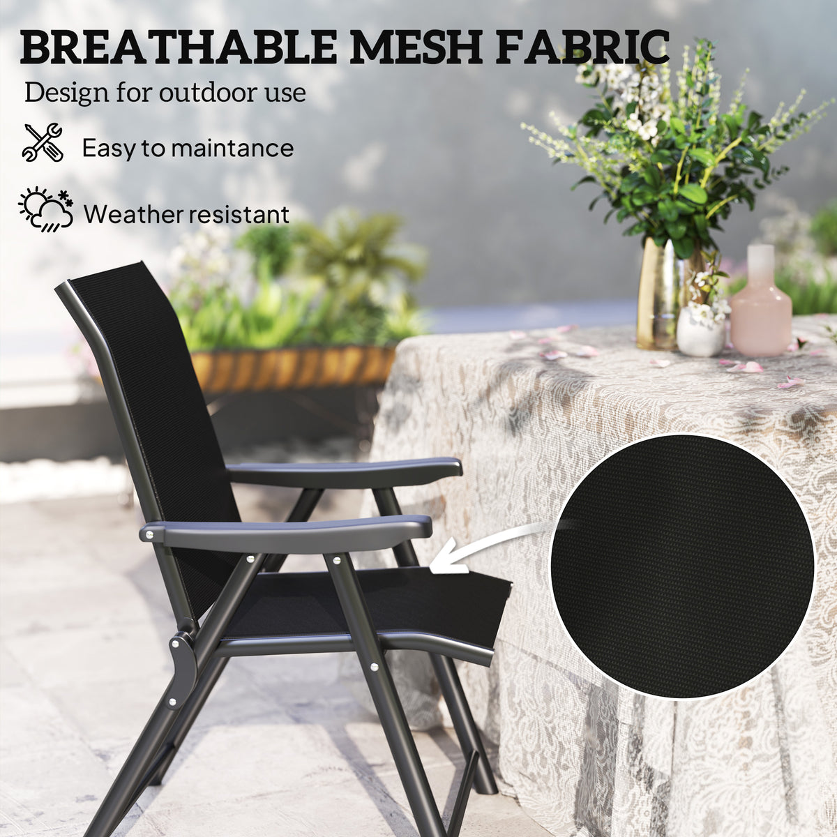 Black outdoor chair with breathable mesh fabric seat and back