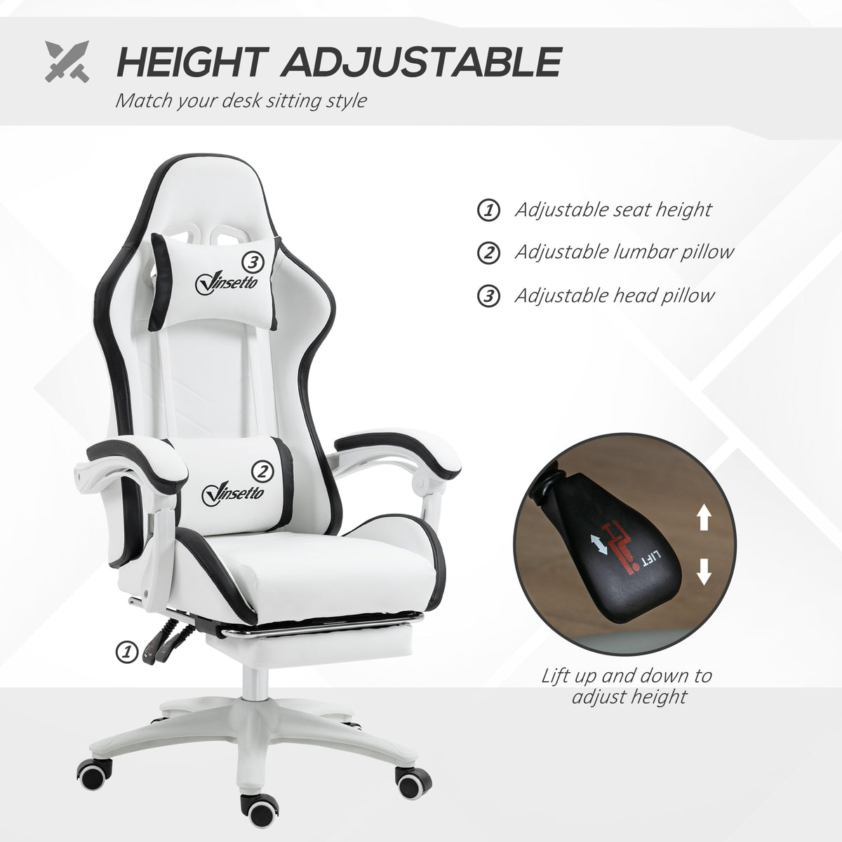 Vinsetto Gaming Chair, Computer Gamer Chair with Reclining High Back, Headrest, Lumbar Support, Footrest, Swivel Wheels, PU Leather, Adjustable Height for Home, White and Black