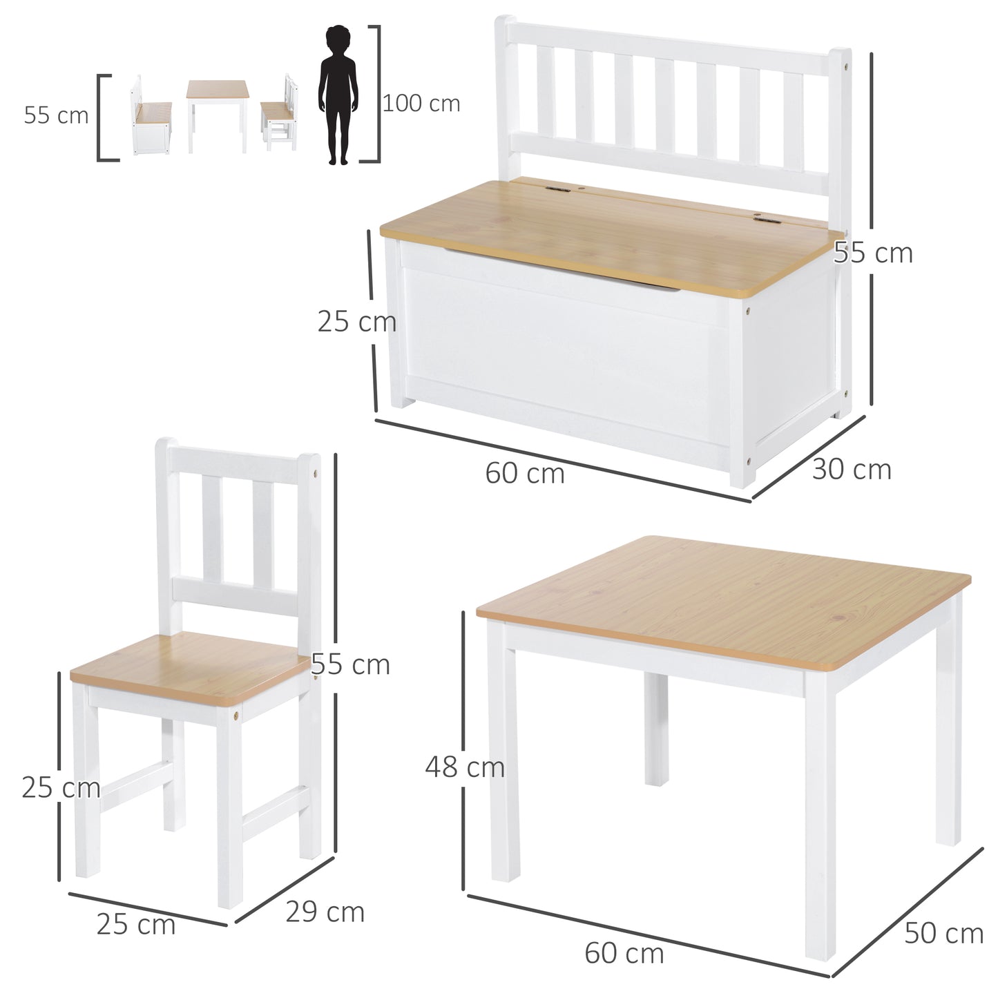 HOMCOM 4-Piece Kids Table and Chair Set with 2 Wooden Chairs, 1 Storage Bench, and Interesting Modern Design, Beige/White