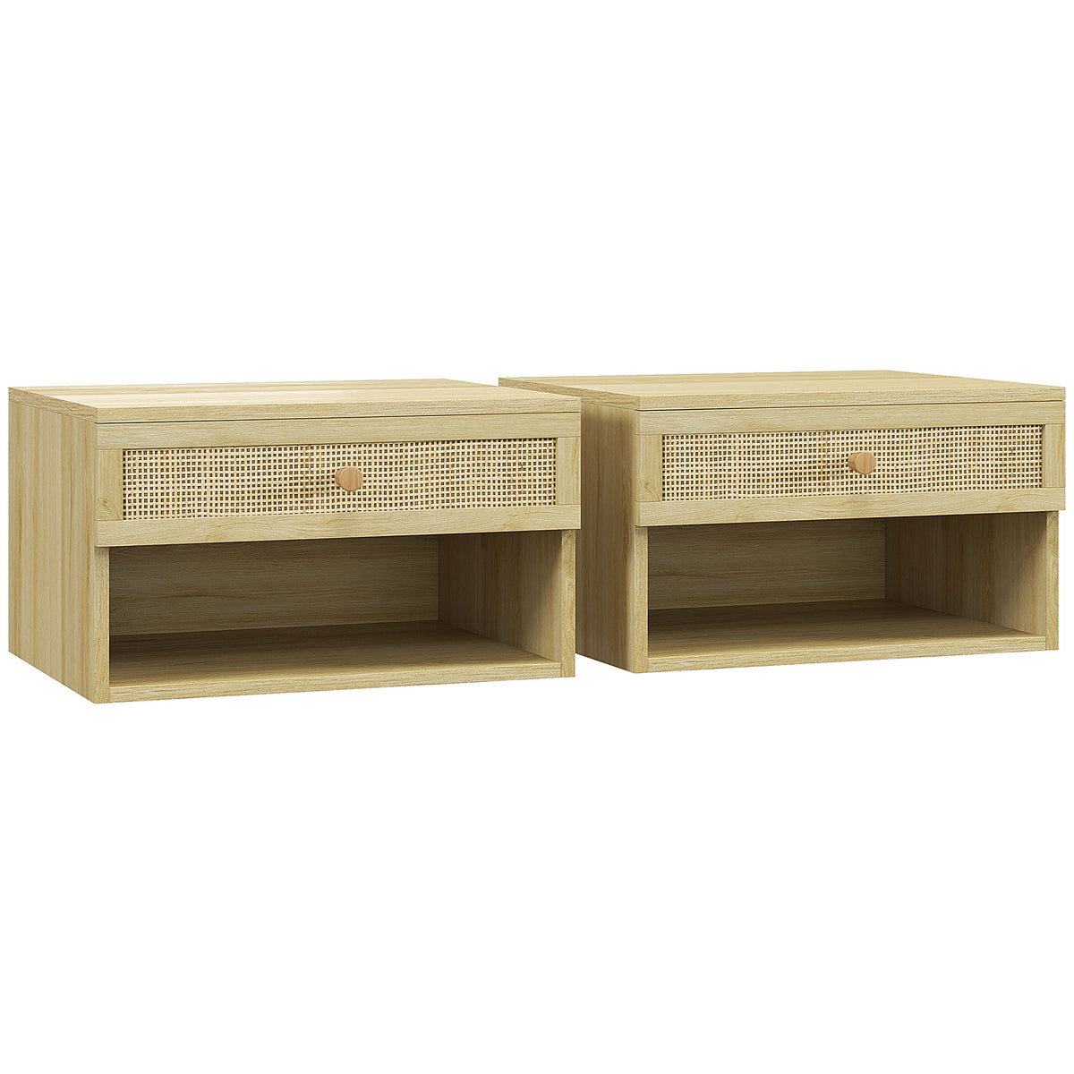 Pair of wood-effect floating bedside tables with rattan drawer fronts and open shelves