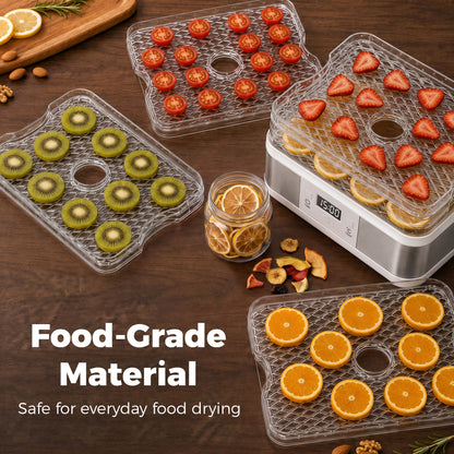 HOMCOM food dehydrator with clear trays holding sliced kiwi, tomato, strawberry and orange