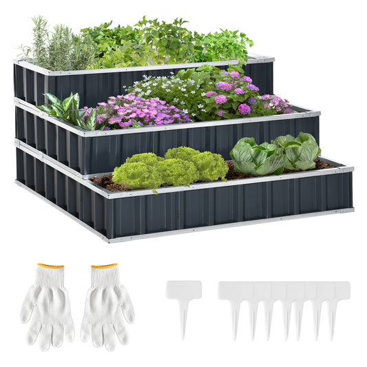Photo of Outsunny 3 Tier Raised Garden Bed, Metal Elevated Planer Box Kit Flower Pot w/ A Pairs of Glove for Garden, Patio to Grow Vegetables, Herbs, Flowers, 118 x 118 x 62 cm, Grey in Grey colour on a white background