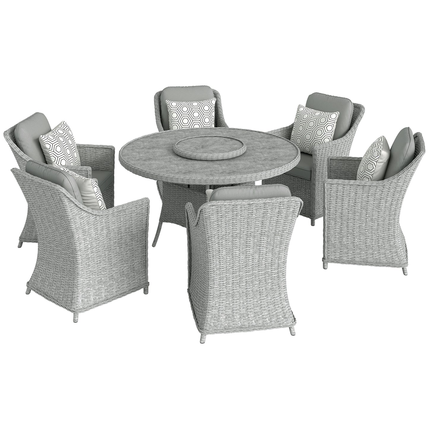 Photo of Outsunny Rattan Garden Dining Set with Turntable, Marble Effect Glass Round Garden Table and Chairs with Aluminium Frame, Grey in Grey colour on a white background