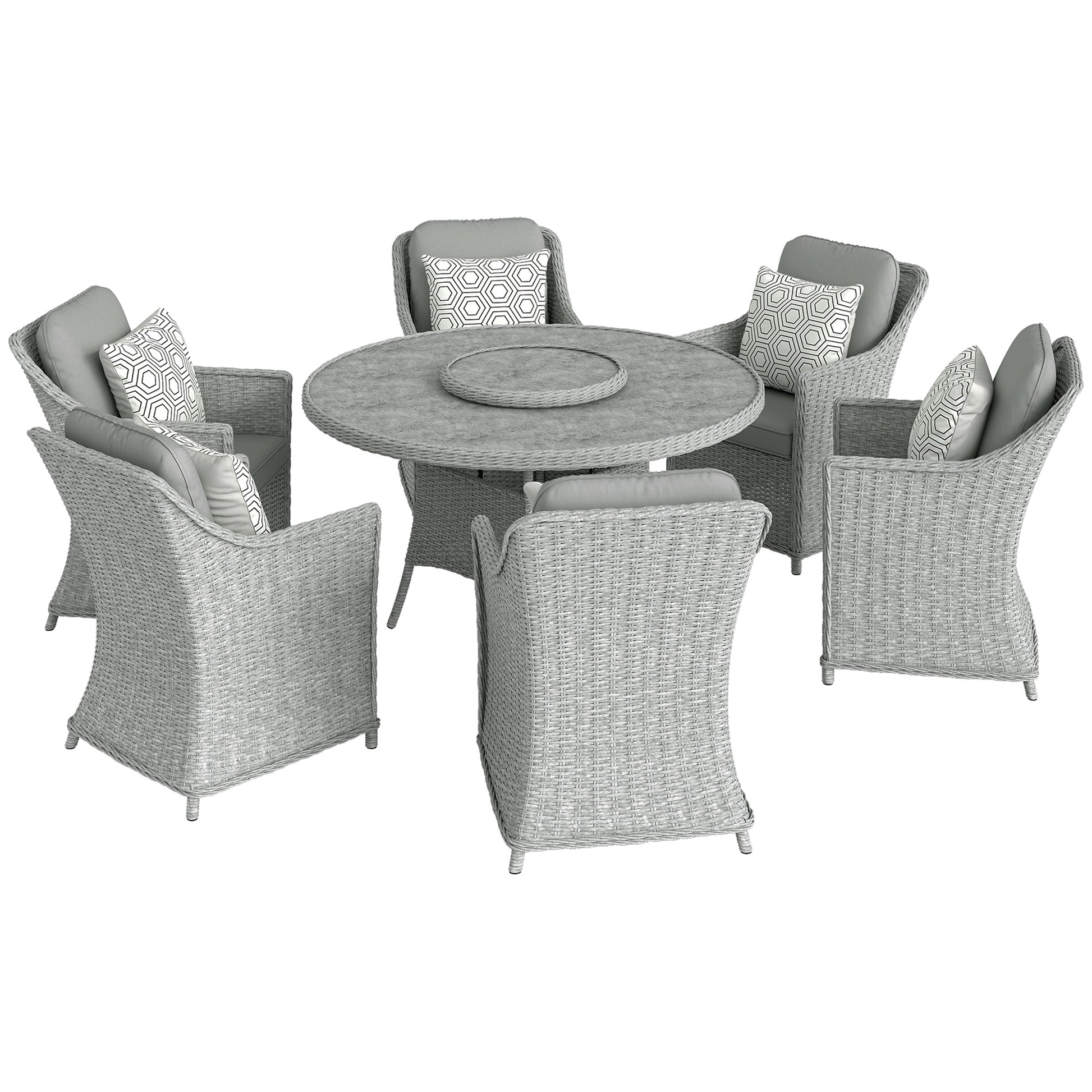 Photo of Outsunny Rattan Garden Dining Set with Turntable, Marble Effect Glass Round Garden Table and Chairs with Aluminium Frame, Grey in Grey colour on a white background