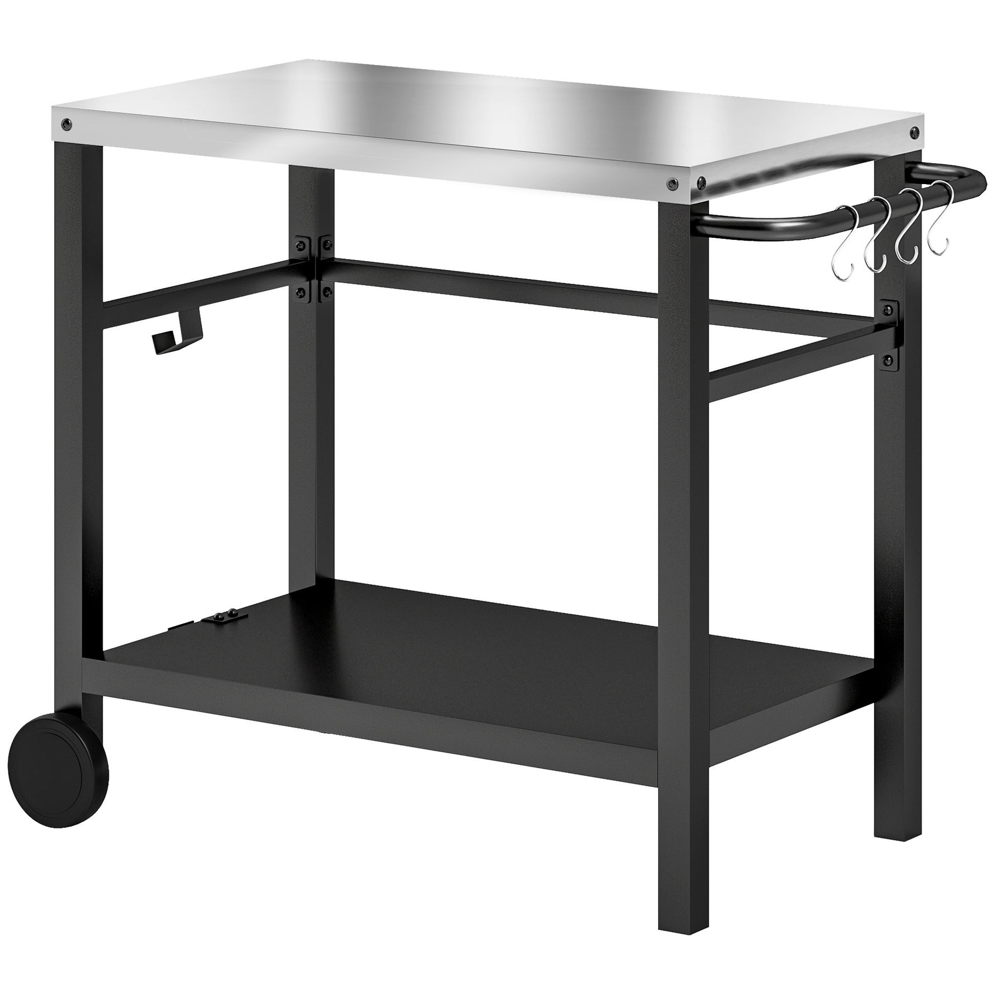Photo of Outsunny Outdoor Grill Dining Cart 2-Shelf Movable Pizza Oven Table Stand with Stainless Steel Top, Portable BBQ Trolley Food Prep Outdoor Kitchen Barbecue Station with Hooks Wheels, Charcoal Grey in Grey colour on a white background