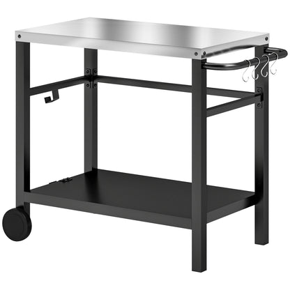 Outsunny grill cart with stainless steel top, black frame, lower shelf, wheels and utensil hooks