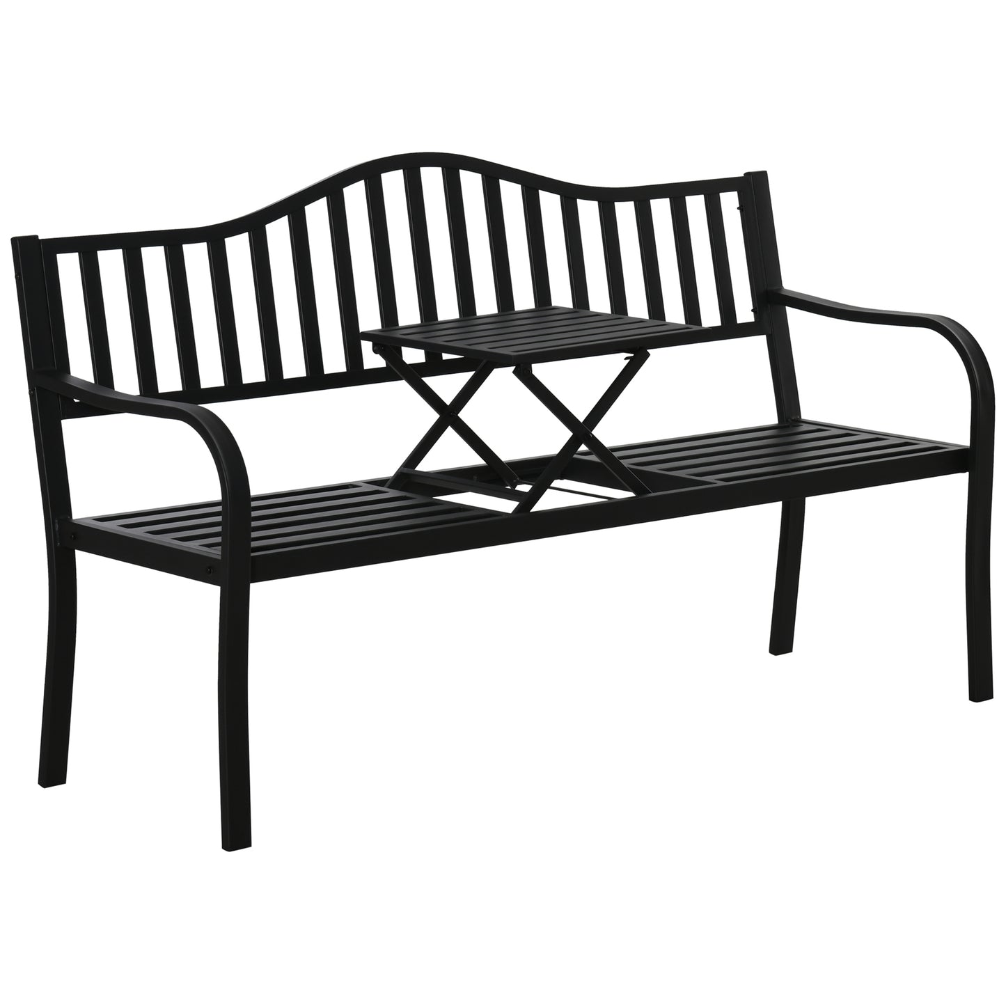 Photo of Outsunny Metal Outdoor Bench with Liftable Middle Table, Patio Loveseat, Garden Bench for Garden, Porch, Seats 2–3 People, Black in Black colour on a white background