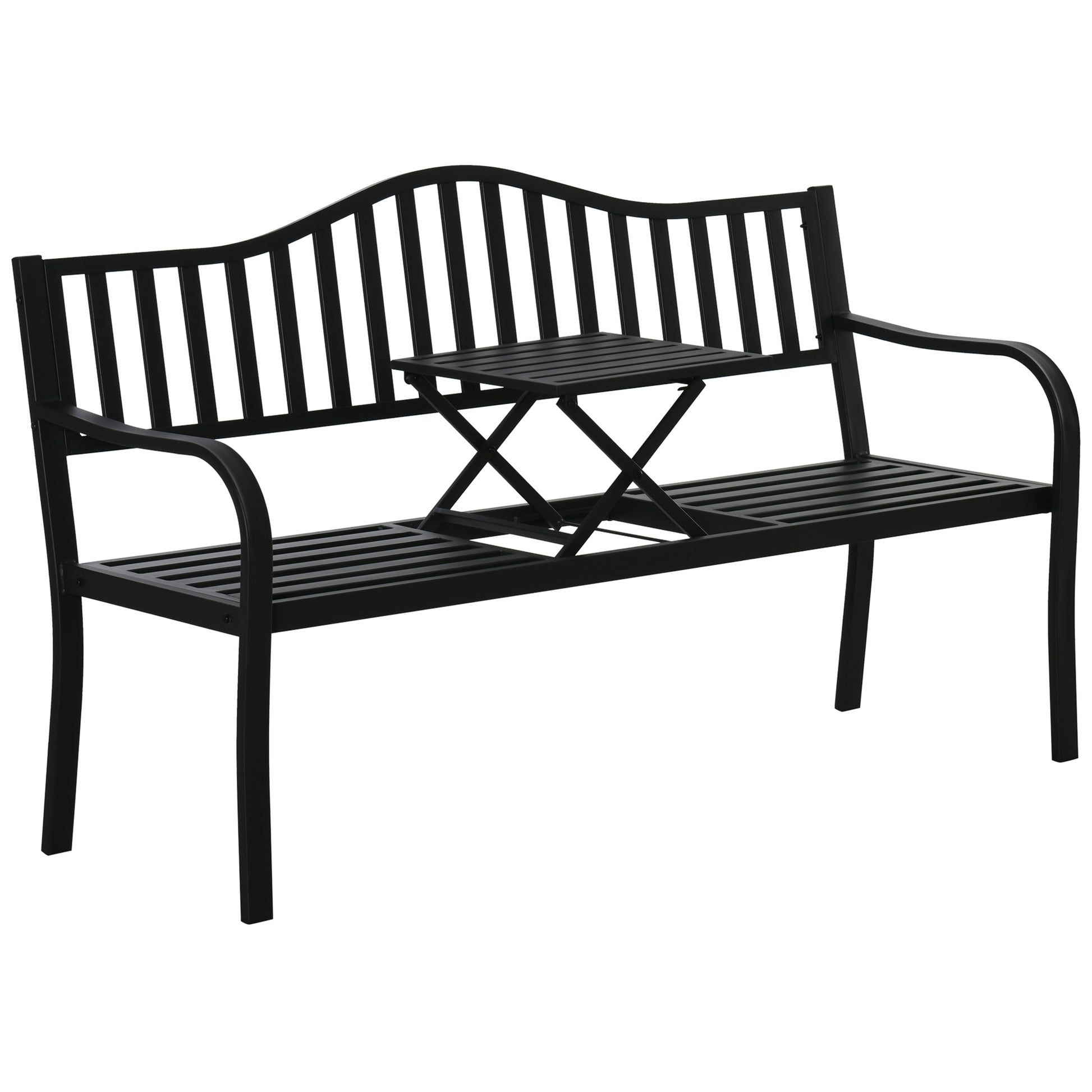 Photo of Outsunny Metal Outdoor Bench with Liftable Middle Table, Patio Loveseat, Garden Bench for Garden, Porch, Seats 2–3 People, Black in Black colour on a white background