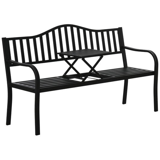 Photo of Outsunny Metal Outdoor Bench with Liftable Middle Table, Patio Loveseat, Garden Bench for Garden, Porch, Seats 2–3 People, Black in Black colour on a white background