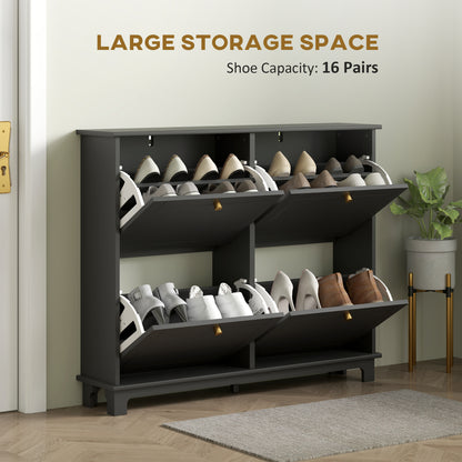 Black four-drawer shoe cabinet storing up to 16 pairs of shoes.