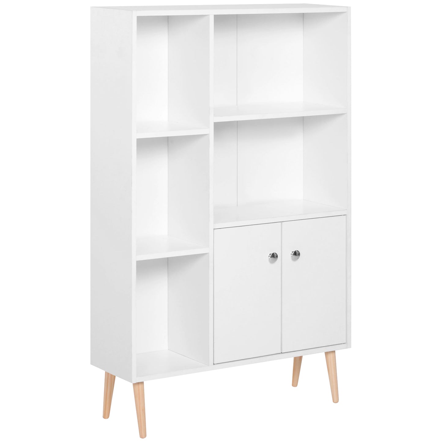 Photo of HOMCOM Sideboard Storage Cabinet Cupboard, Open Bookcase with 2 Doors 5 Compartments Wooden Modern Style for Living Room Bedroom Kitchen 80 x 23 x 123 cm, White in White colour on a white background