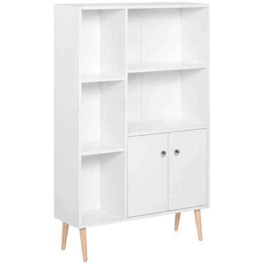 Photo of HOMCOM Sideboard Storage Cabinet Cupboard, Open Bookcase with 2 Doors 5 Compartments Wooden Modern Style for Living Room Bedroom Kitchen 80 x 23 x 123 cm, White in White colour on a white background