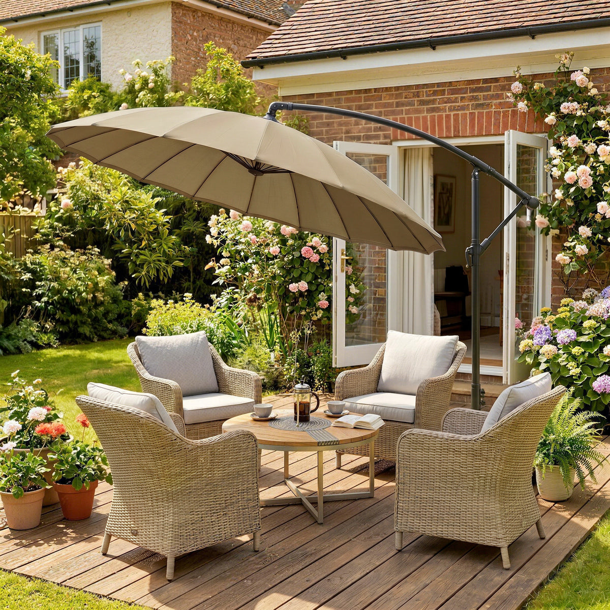 Outsunny khaki cantilever umbrella with curved arm shading an outdoor seating set