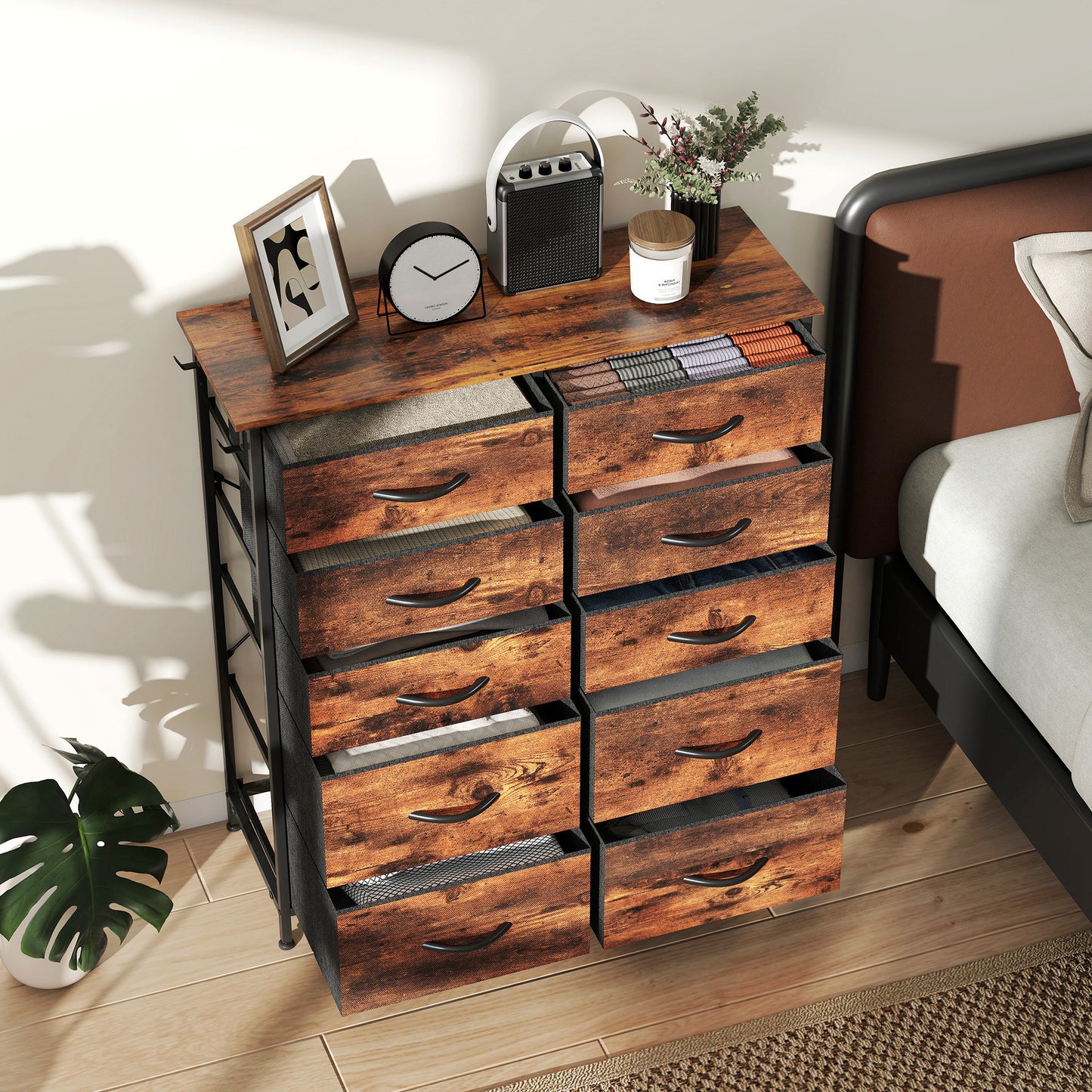 HOMCOM Chest of Ten Fabric Drawers - Rustic Brown
