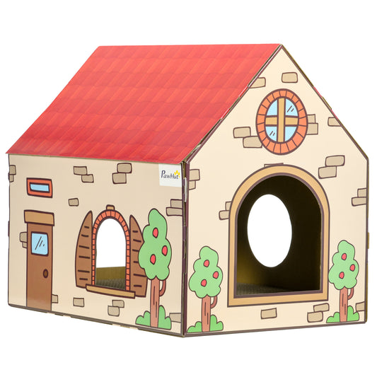 PawHut cardboard cat house with arched entrance, red roof, and illustrated house design