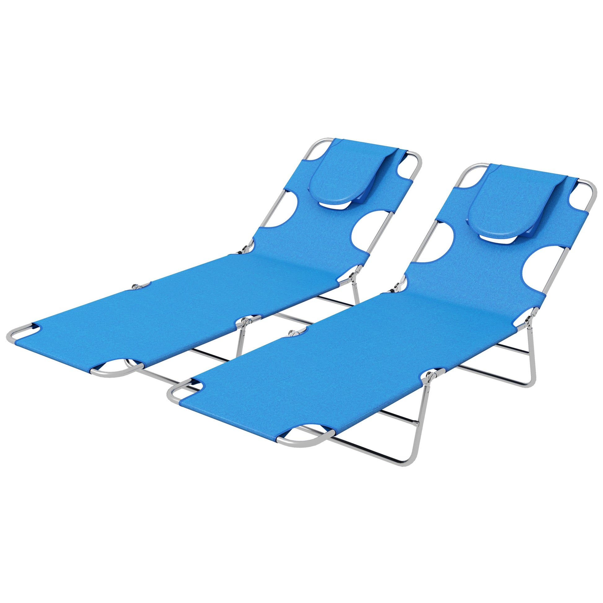 Photo of Outsunny Foldable Sun Lounger Set of 2 with Reading Hole, Portable Sun Lounger with 5 Level Adjustable Backrest, Reclining Lounge Chair with Side Pocket, Headrest Pillow, Blue in Blue colour on a white background