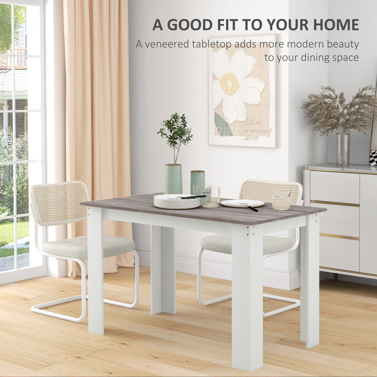 Gray wood-effect dining table with white legs, set for dining
