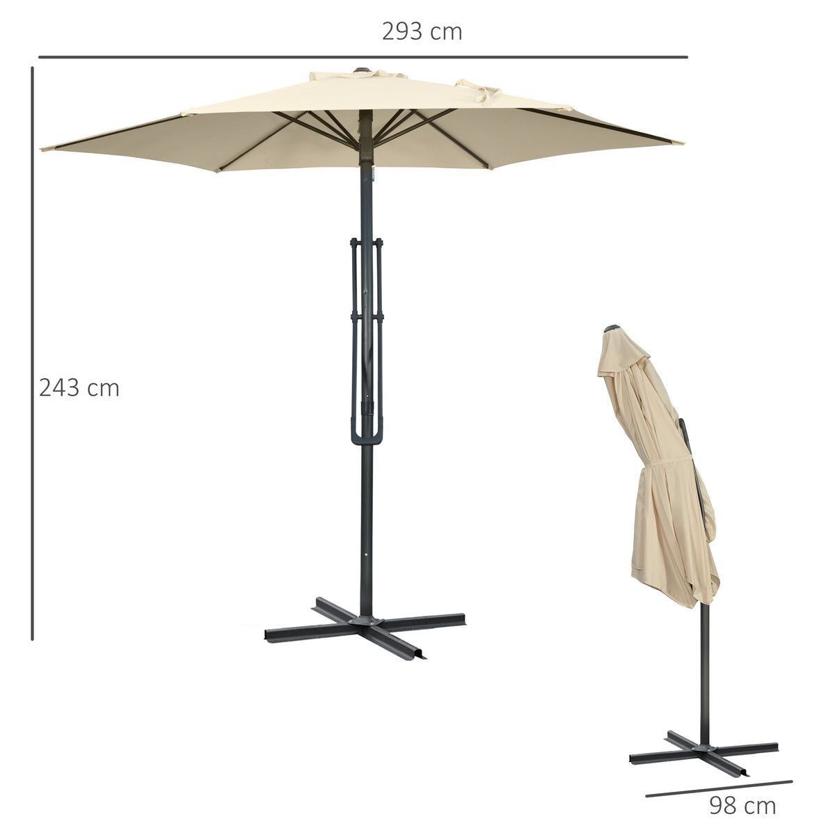 Outsunny 3m Cantilever Parasol with Easy Lever, Patio Umbrella with Crank Handle, Cross Base and 6 Metal Ribs, Outdoor Sun Shades for Garden, White