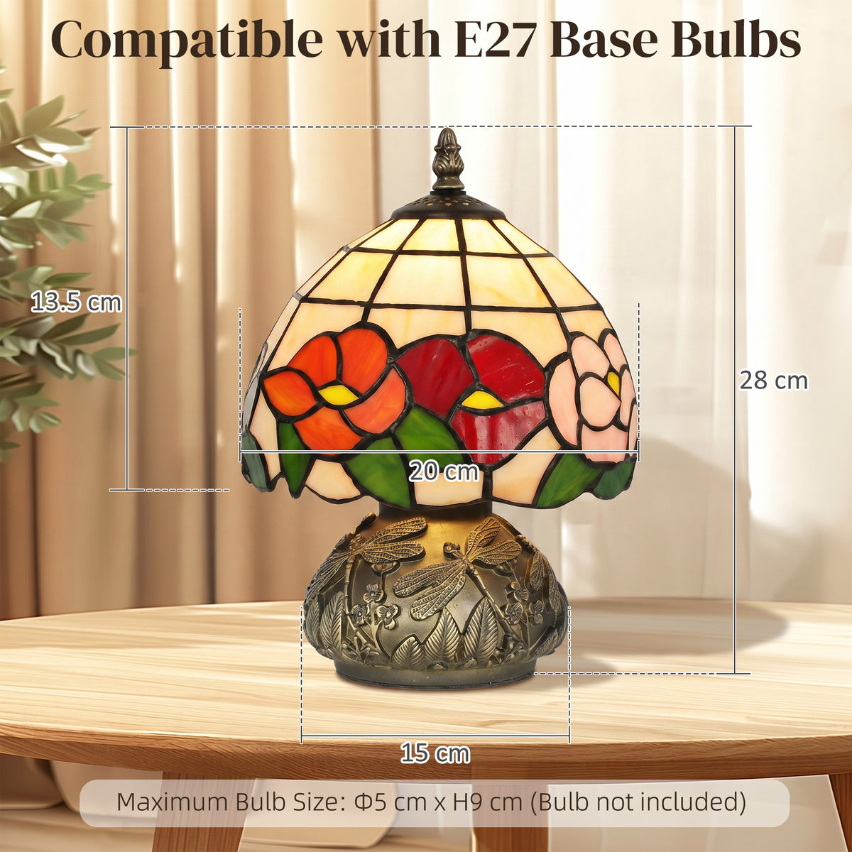 HOMCOM Handcrafted Classic Stained Glass Bedside Lamp, Tiffany-Style Table Lamp with Sculpted Dragonfly Base, Multi-Coloured