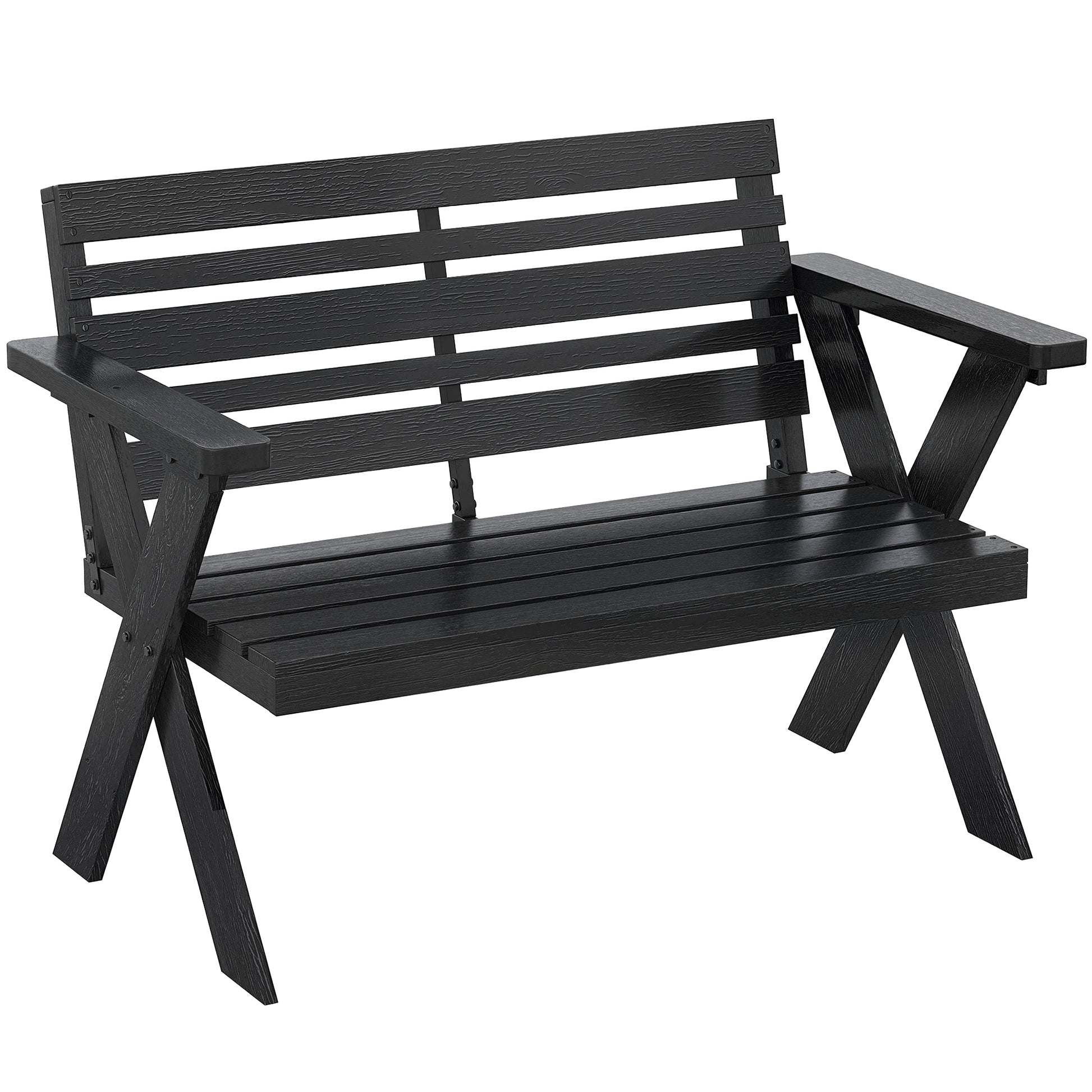 Photo of Outsunny 2 Seater Wooden Garden Bench, Slatted Patio Bench with Armrest and Backrest, Black in Black colour on a white background