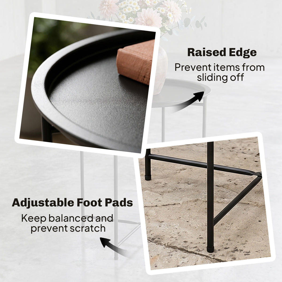 Outsunny steel garden table with raised tray edge and adjustable foot pads
