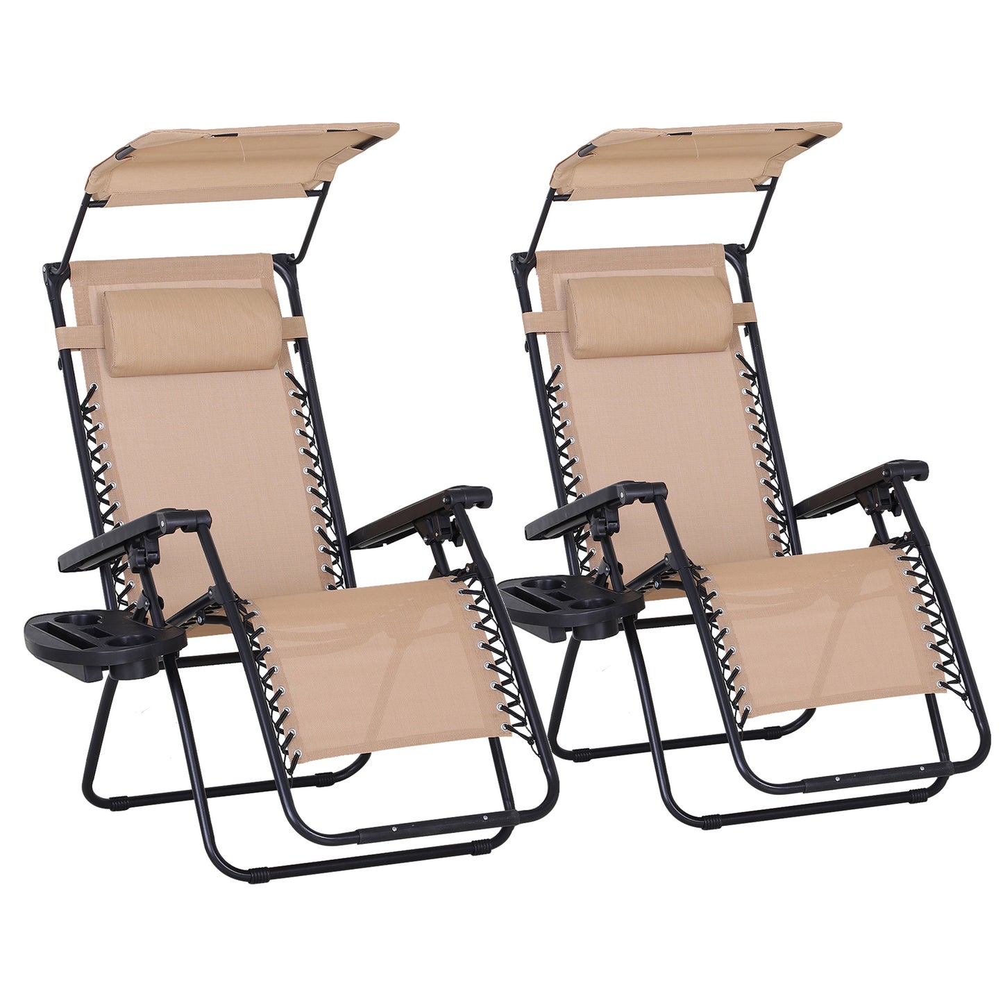 Photo of Outsunny 2 Piece Foldable Reclining Garden Chair with Headrest, Zero Gravity Deck Sun Lounger Seat Chair with Footrest, Armrest, Cup Holder & Canopy Shade, Beige in Beige colour on a white background
