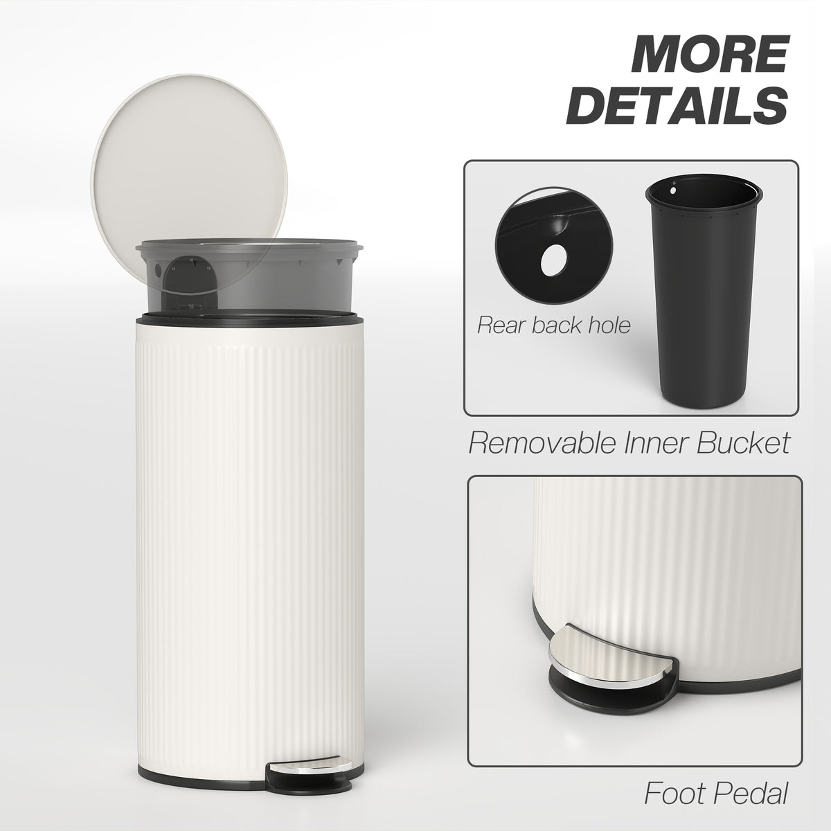 HOMCOM Kitchen Bin, 30 Litre Pedal Rubbish Bin with Removable Bucket, Cream