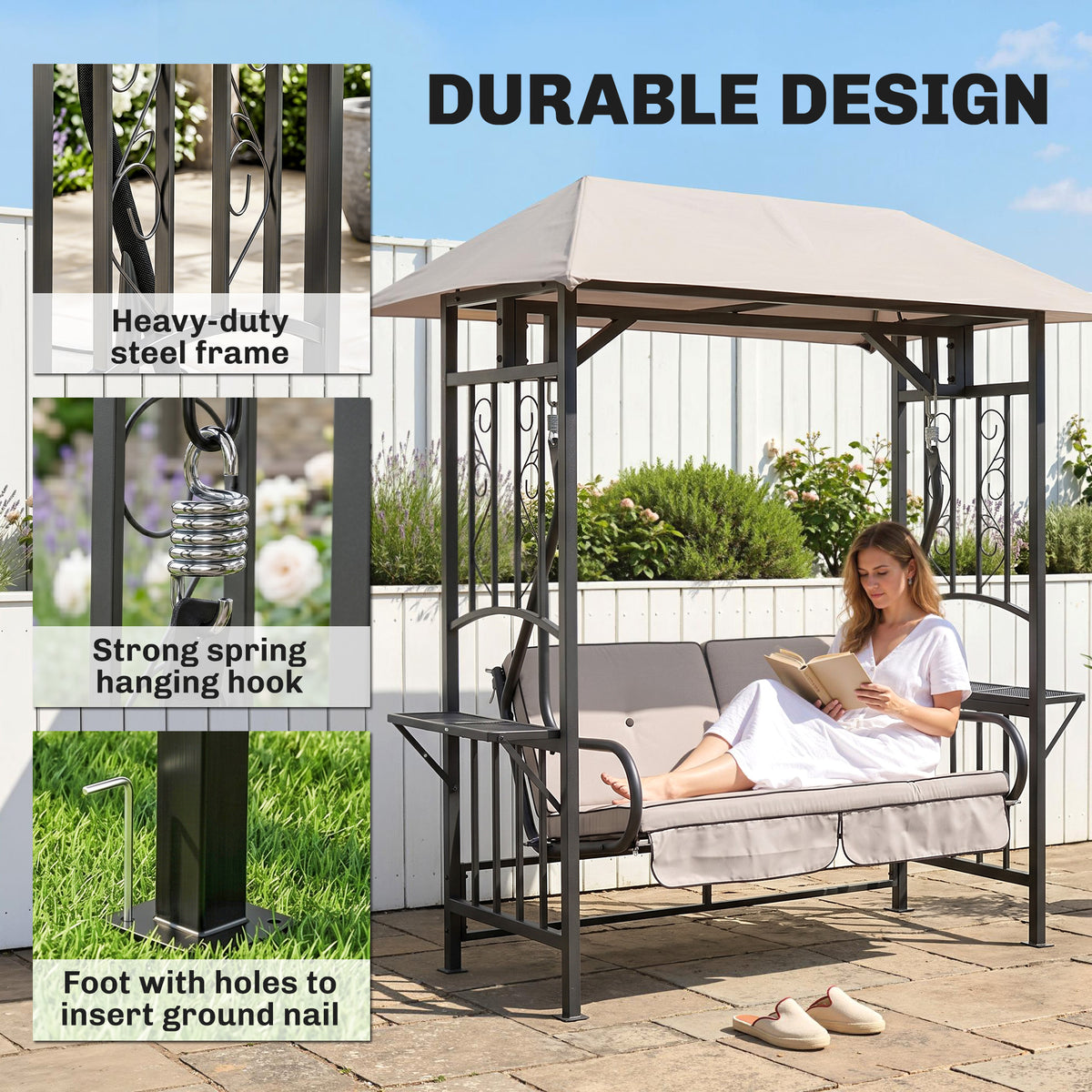 Canopy swing chair with beige cushions and steel frame, shown with heavy-duty spring hooks