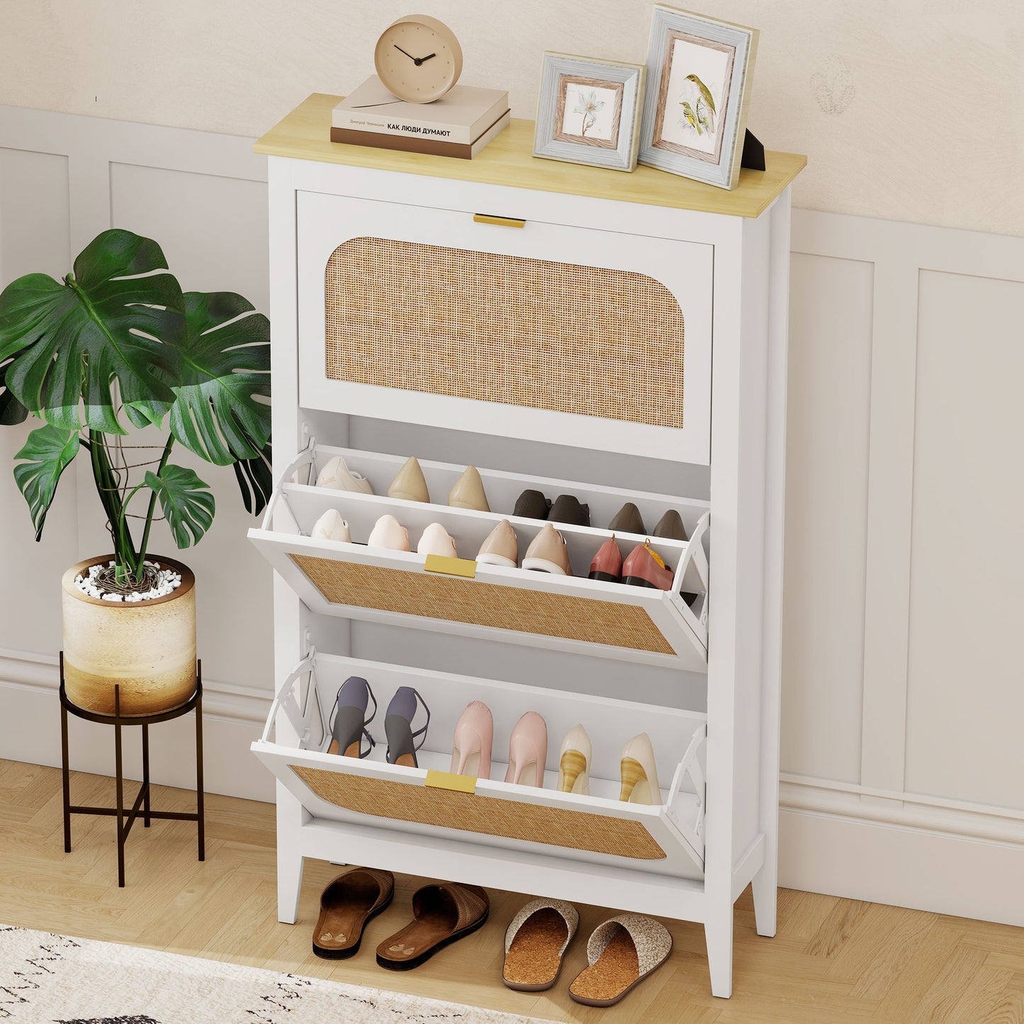 HOMCOM Narrow Shoe Cabinet, Boho Slim Shoe Storage Cabinet with 3 Flip Drawers, Holds 21 Pairs, White