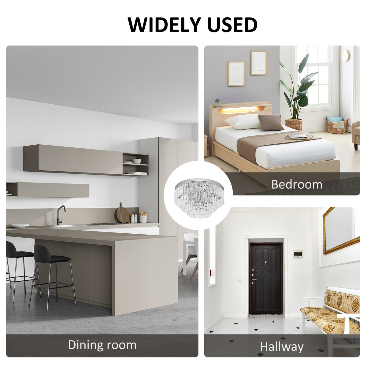Crystal ceiling chandelier shown in dining room, bedroom, and hallway settings
