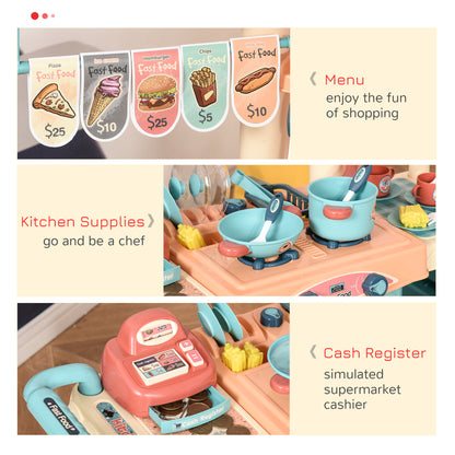 Kids' fast-food trolley playset details: menu cards, toy cookware and cash register