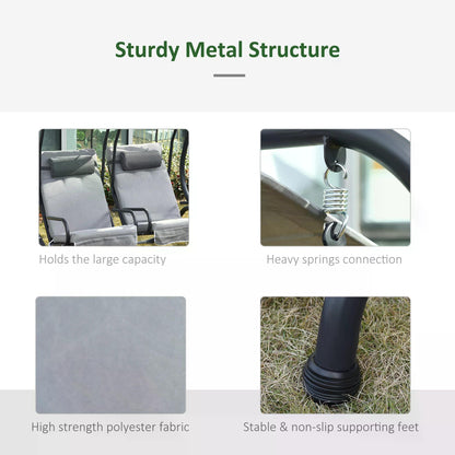 Outsunny double swing chair details: gray polyester seats, metal springs, and nonslip feet