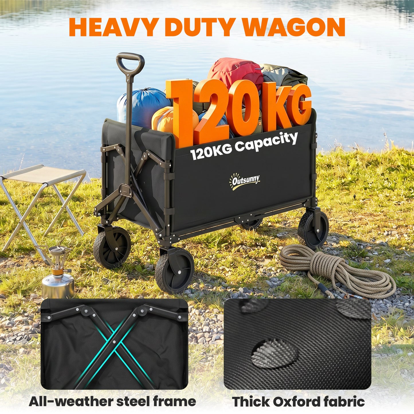 Outsunny 180L Festival Trolley on Wheels, Folding Compact Camping Trolley Cart with Adjustable Handle, 120 KG Capacity for Garden, Beach, Fishing, Black