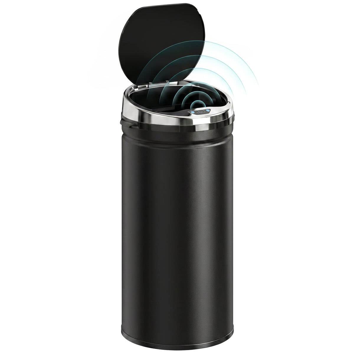 HOMCOM black sensor bin with lid open and motion sensor controls visible