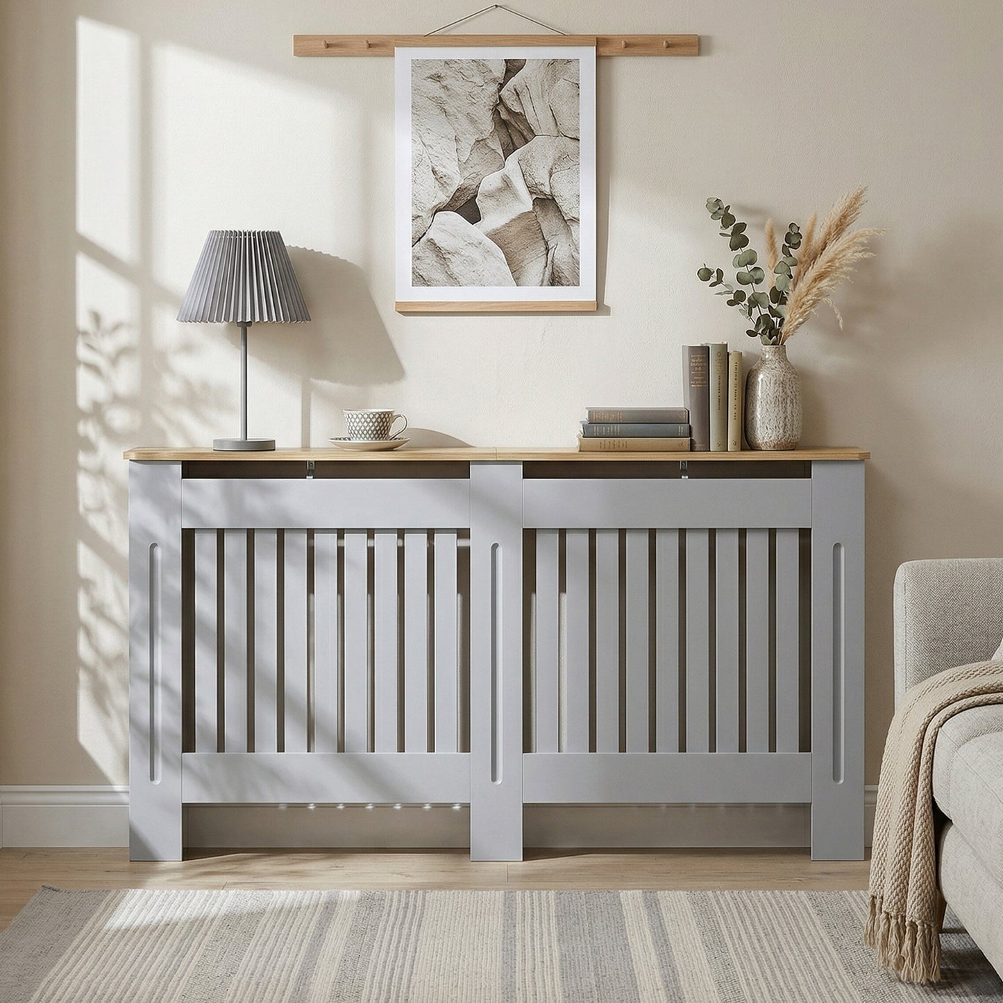 HOMCOM Slatted Radiator Cover, Painted Cabinet with Line Grill Design, 152L × 19W × 81H cm, Grey