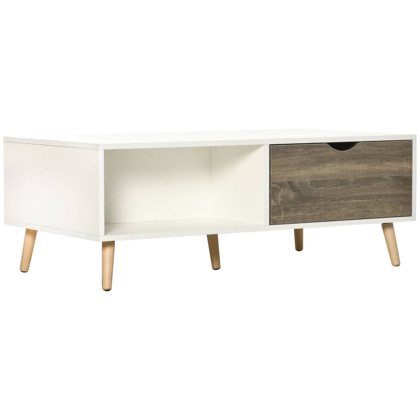 Photo of HOMCOM Coffee Table, Modern Tea Table with Open Storage Shelves, Two Drawers and Solid Wood Legs, Coffee Tables for Living Room, Bed Room, White in White colour on a white background