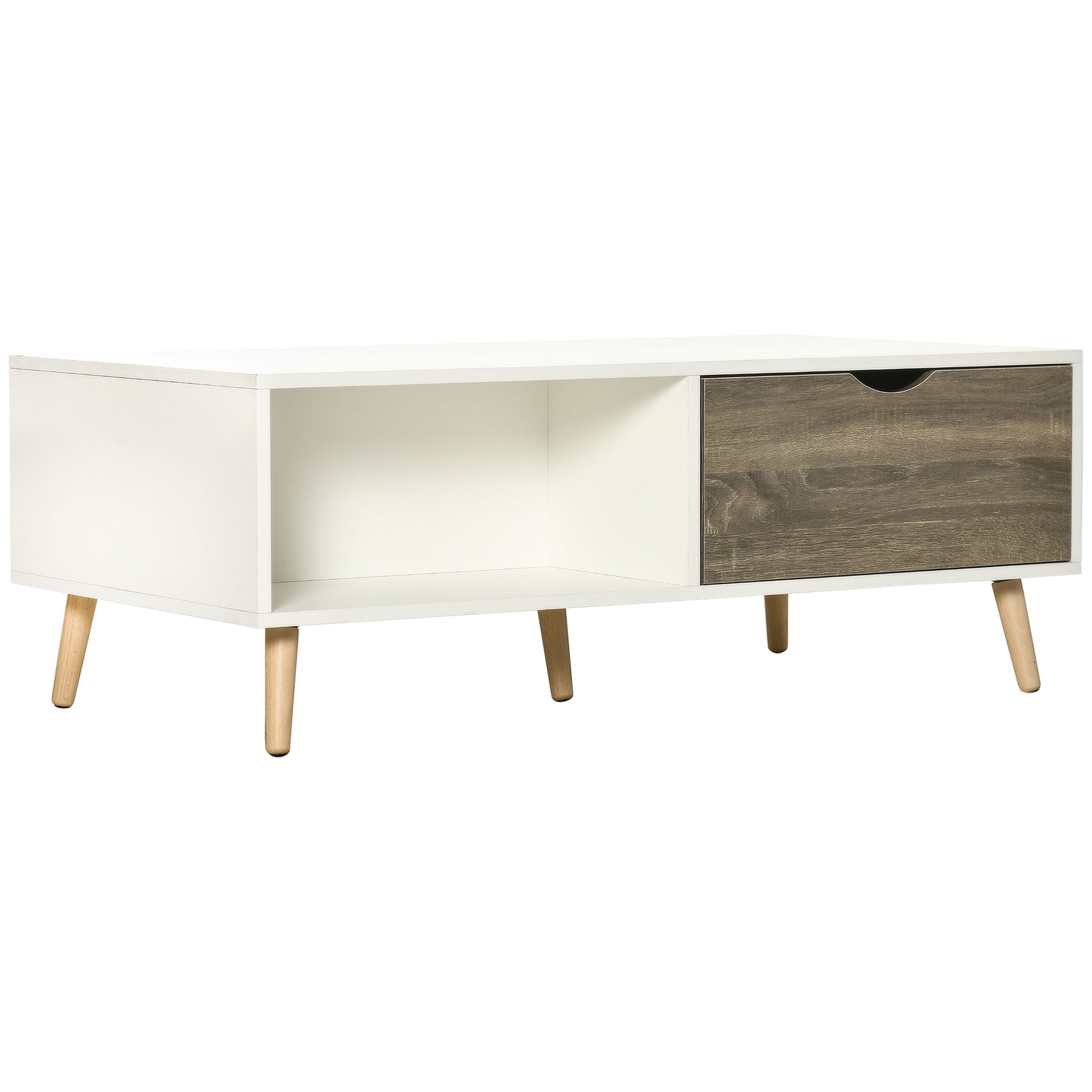 Photo of HOMCOM Coffee Table, Modern Tea Table with Open Storage Shelves, Two Drawers and Solid Wood Legs, Coffee Tables for Living Room, Bed Room, White in White colour on a white background