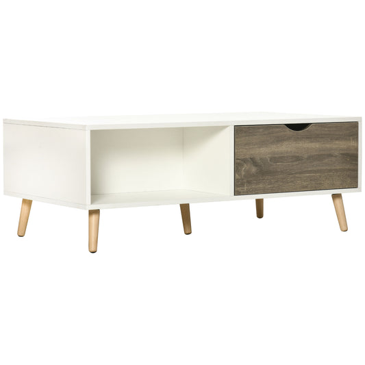 Photo of HOMCOM Coffee Table, Modern Tea Table with Open Storage Shelves, Two Drawers and Solid Wood Legs, Coffee Tables for Living Room, Bed Room, White in White colour on a white background