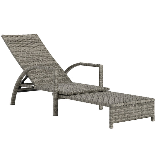 Photo of Outsunny Reclining Rattan Lounger, with Extending Footrest - Grey in Grey colour on a white background